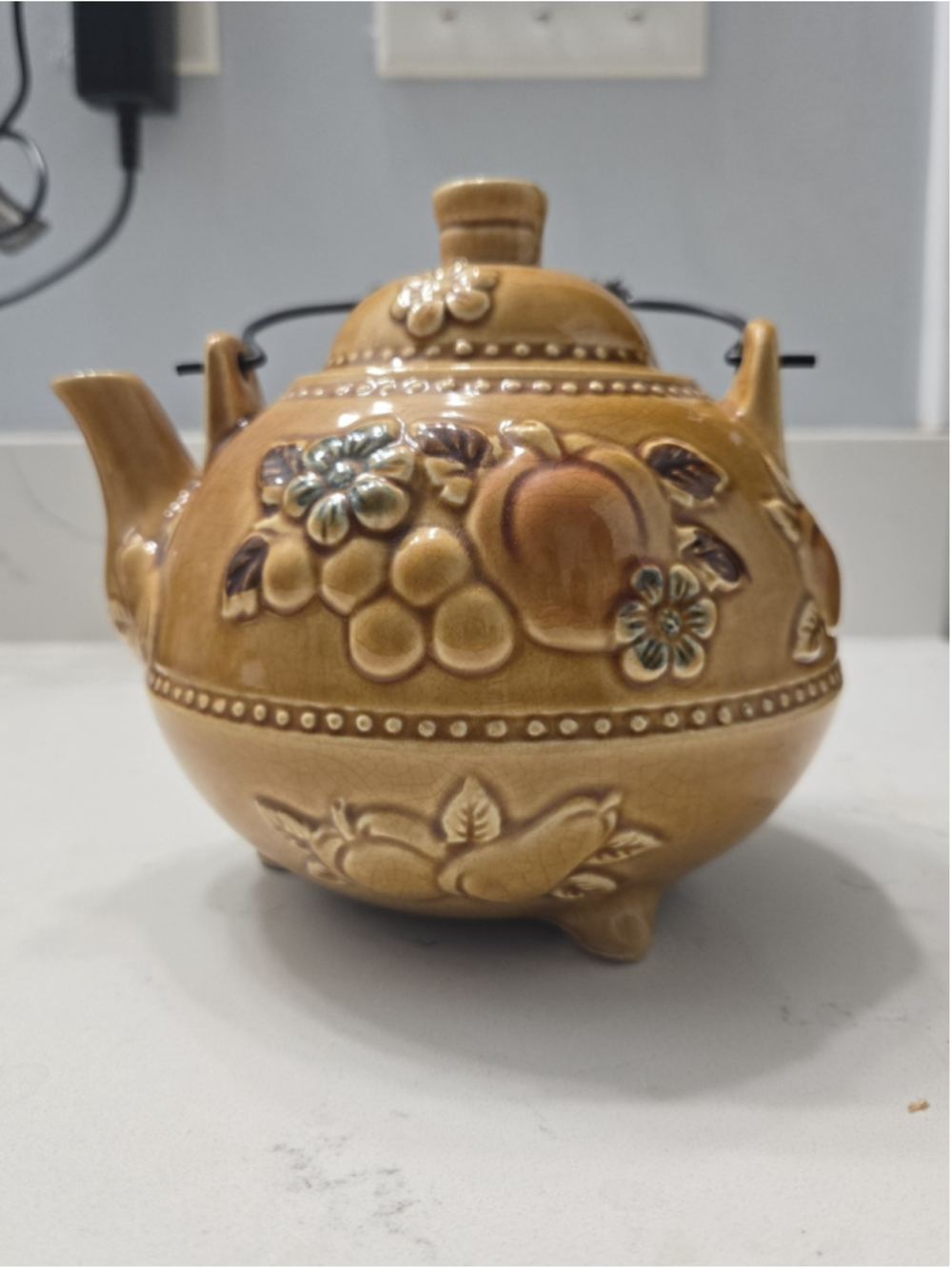 Vintage 1960s Ceramic Teapot Honey Brown Majolica Fruit Floral Wire Handle Japan